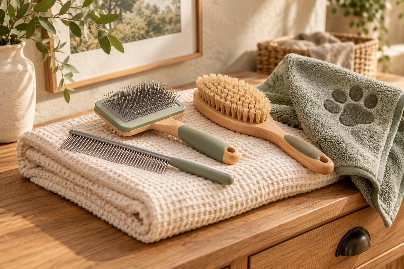 A metal comb and unbranded grooming brushes arranged on a cream waffle towel.