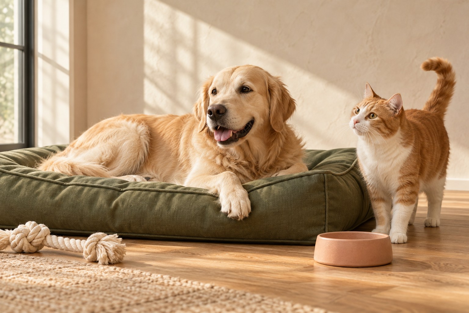 A relaxed golden retriever and ginger-and-white cat with a green bed, peach bowl, and cotton toy in a sunlit home.