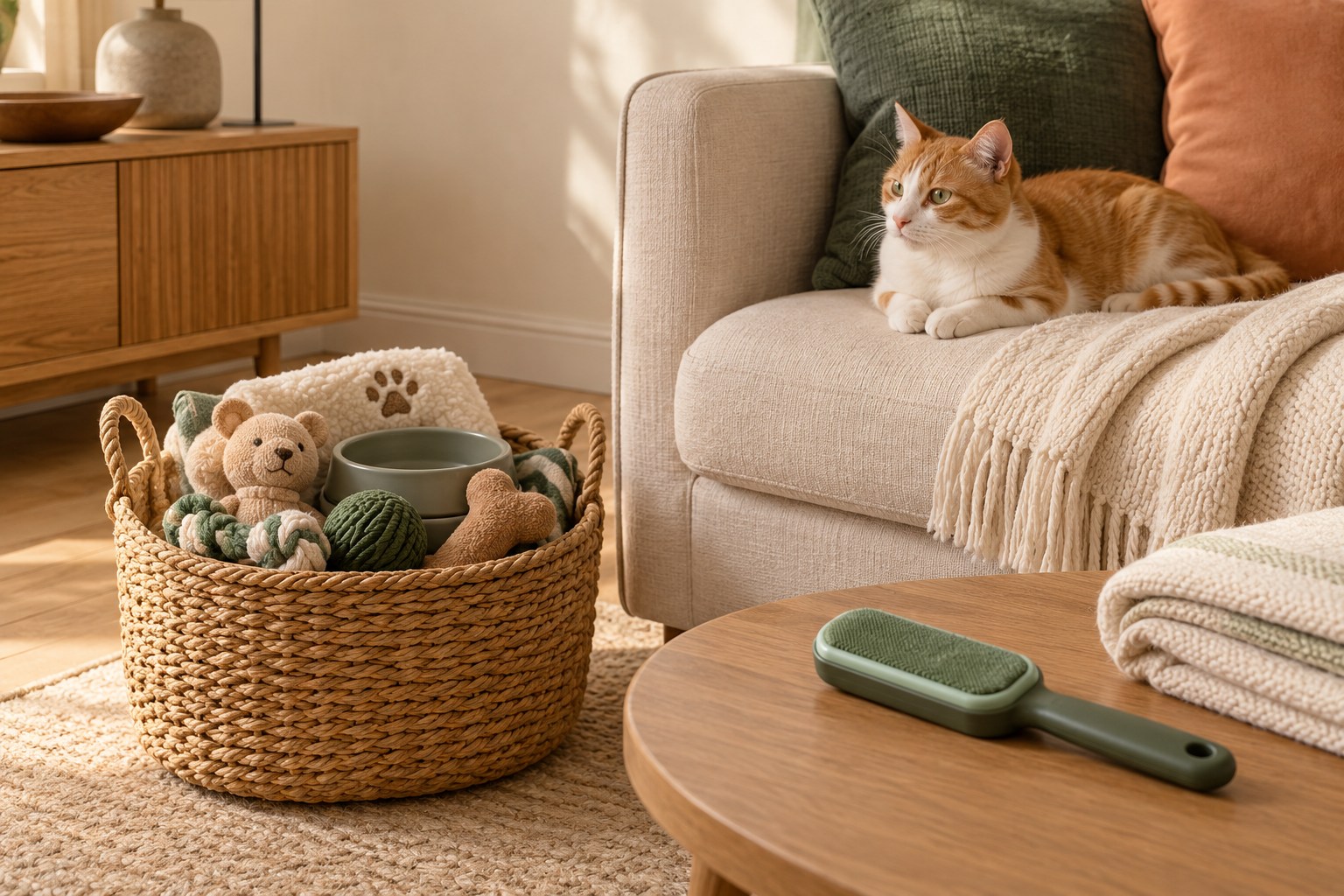 A ginger-and-white cat near a cream sofa throw, woven storage basket, and green lint brush.