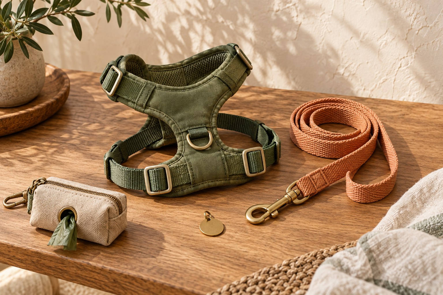 A green dog harness, apricot leash, identification tag, and walking pouch on a warm neutral background.